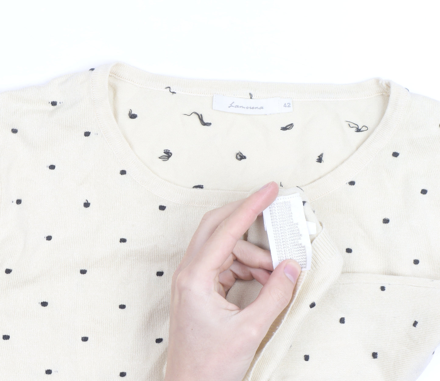 Lamorena Men Beige Polka Dot Lightweight Crew Neck Jumper Size L