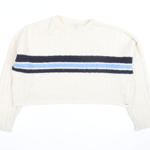 Pull&Bear Teens Ivory Striped Crew Neck Knit Jumper Size M