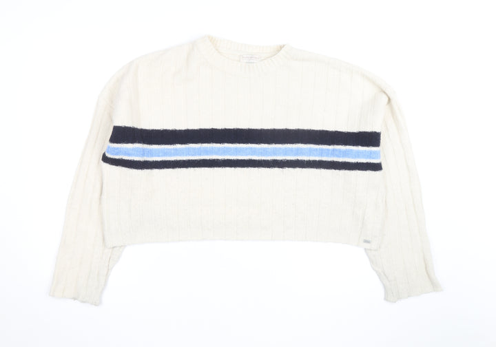 Pull&Bear Teens Ivory Striped Crew Neck Knit Jumper Size M