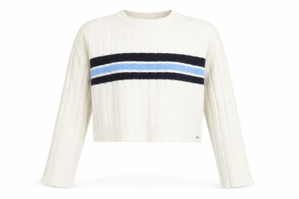 Front view of Pull&Bear Teens Ivory Striped Crew Neck Knit Jumper, size M