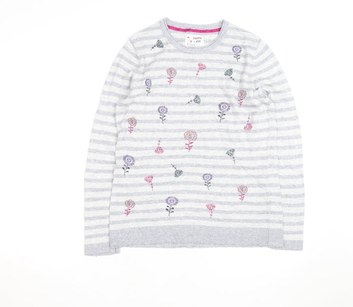 Mantaray Women Grey Floral Striped Pullover Jumper Size 14