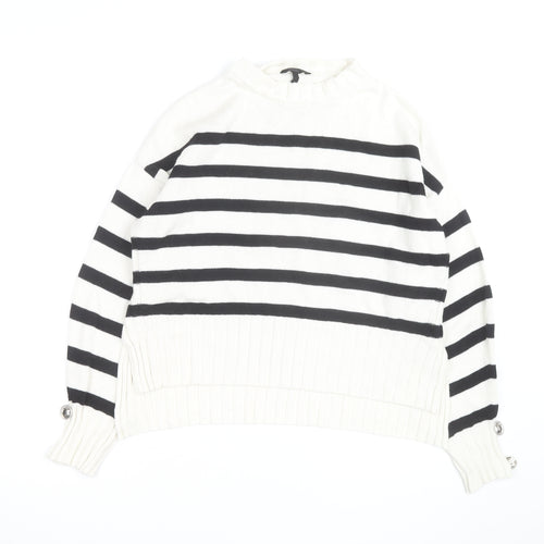 Guess Womens White Black Striped Crew Neck Cotton Jumper XS