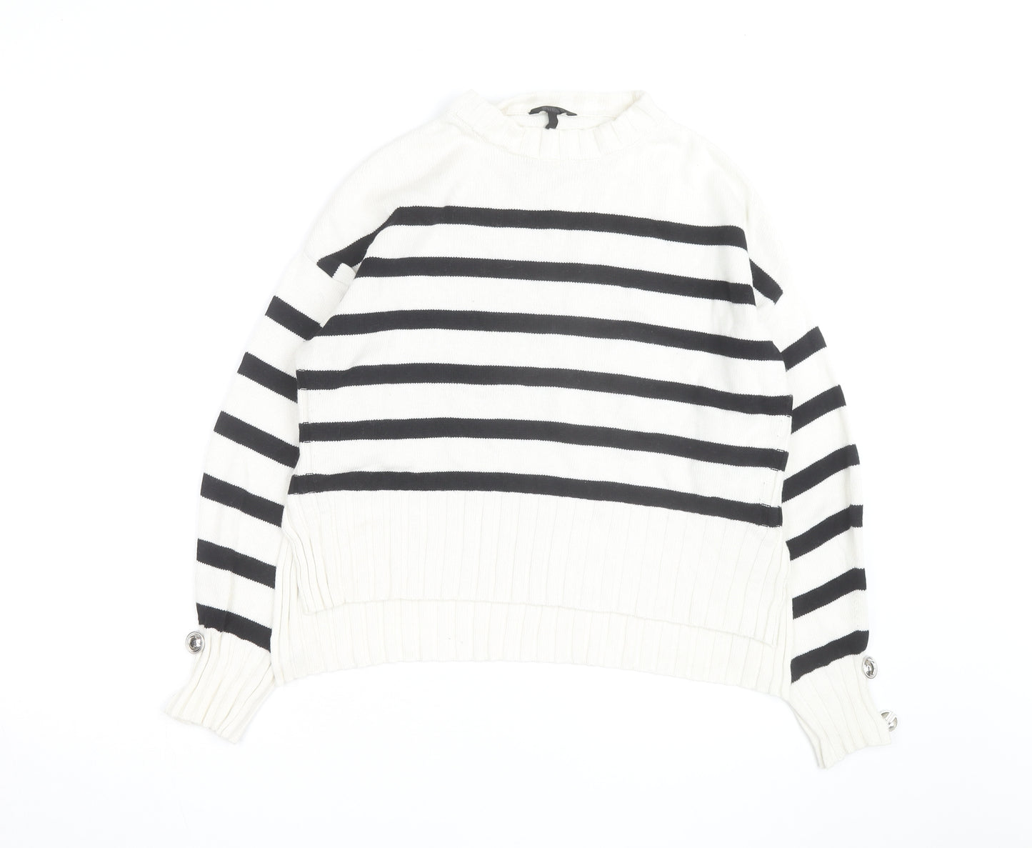 Guess Womens White Black Striped Crew Neck Cotton Jumper XS