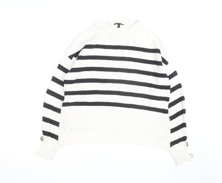 Guess Womens White Black Striped Crew Neck Cotton Jumper XS