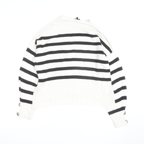 Guess Womens White Black Striped Crew Neck Cotton Jumper XS