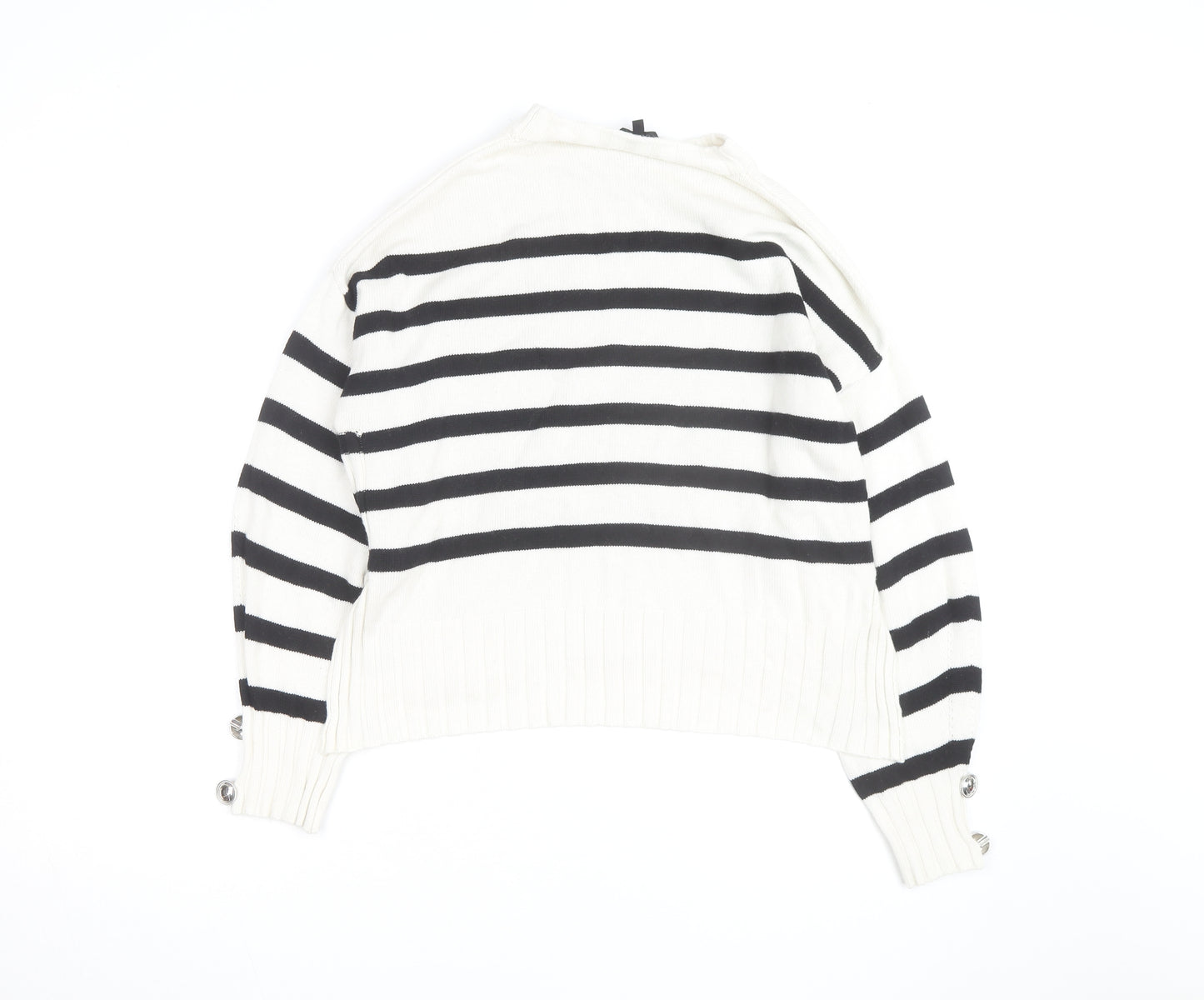 Guess Womens White Black Striped Crew Neck Cotton Jumper XS
