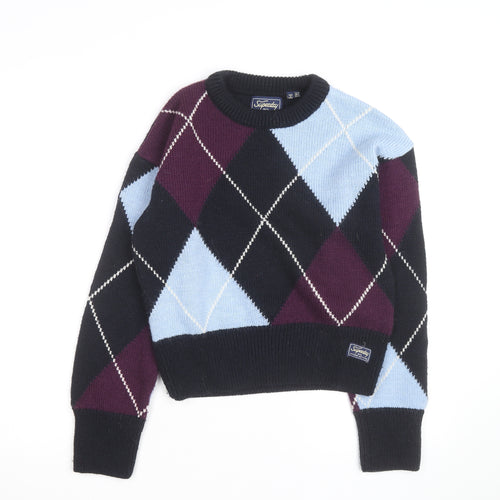 Superdry Women’s Multicoloured Argyle Knit Jumper UK 12 Crew Neck