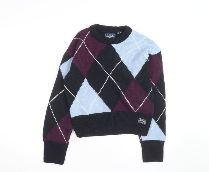 Superdry Women’s Multicoloured Argyle Knit Jumper UK 12 Crew Neck