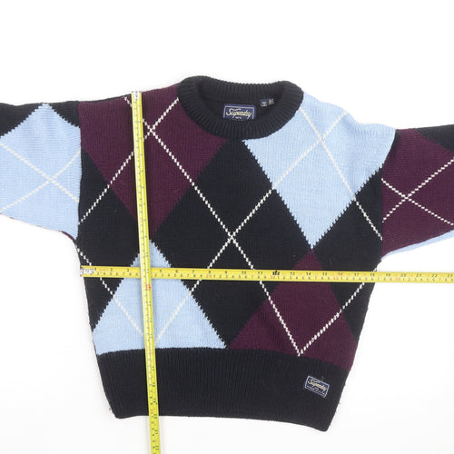 Superdry Women’s Multicoloured Argyle Knit Jumper UK 12 Crew Neck