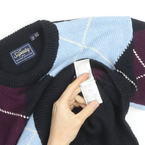 Superdry Women’s Multicoloured Argyle Knit Jumper UK 12 Crew Neck