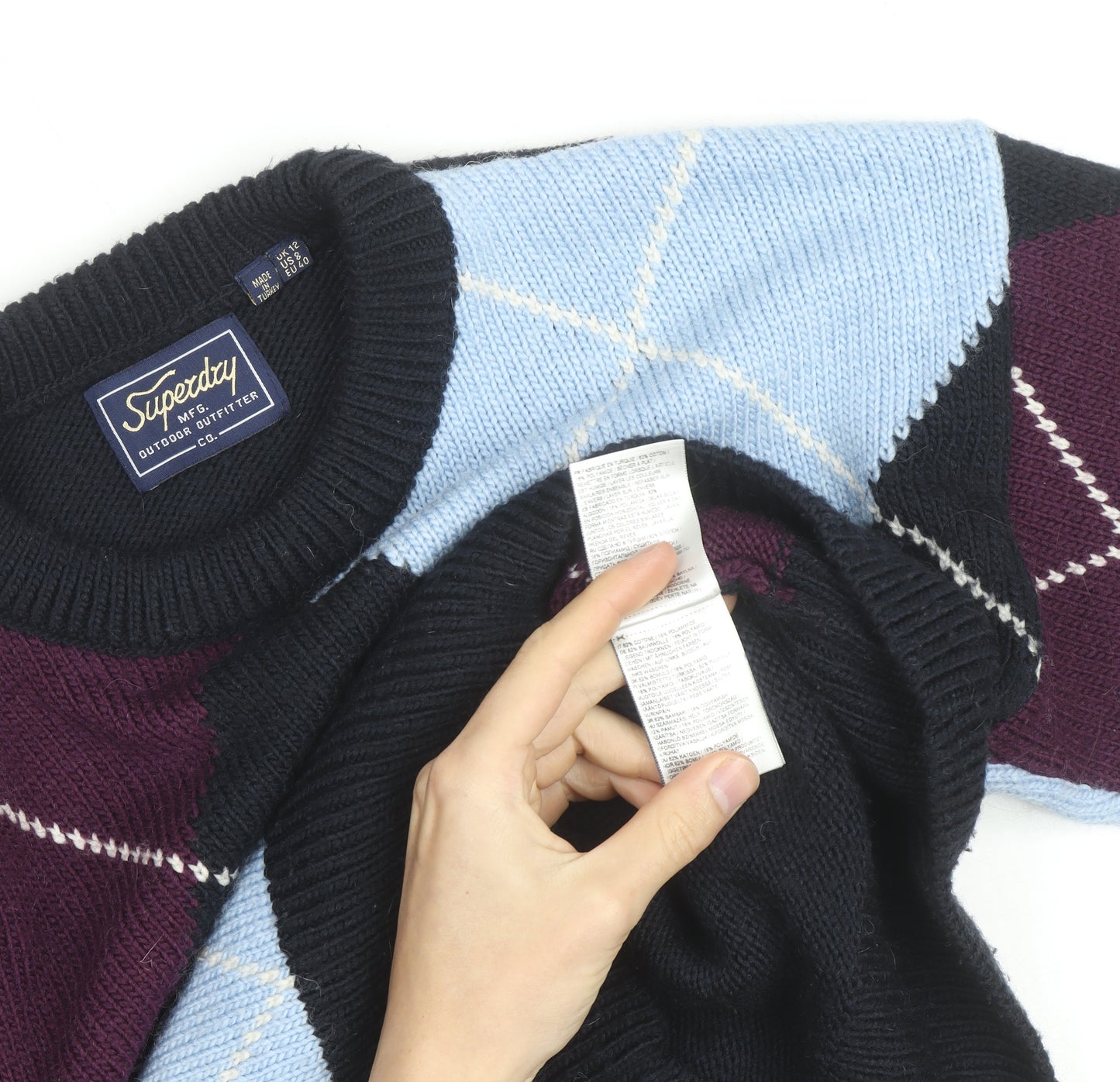 Superdry Women’s Multicoloured Argyle Knit Jumper UK 12 Crew Neck
