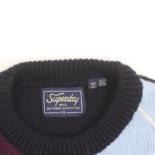 Superdry Women’s Multicoloured Argyle Knit Jumper UK 12 Crew Neck
