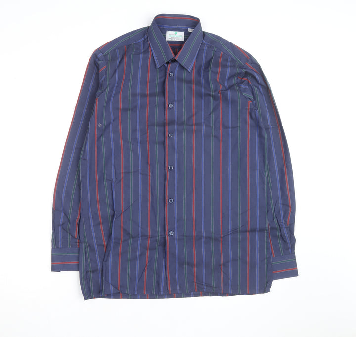 Greenwoods Mens Blue Striped Long Sleeve Button-Up Shirt Size 15 Regular Fit