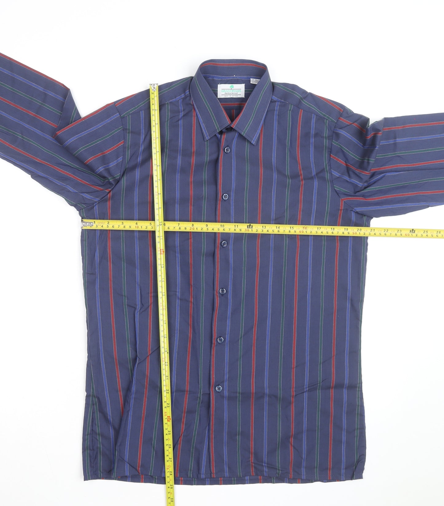 Greenwoods Mens Blue Striped Long Sleeve Button-Up Shirt Size 15 Regular Fit