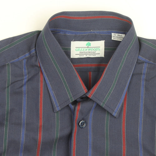 Greenwoods Mens Blue Striped Long Sleeve Button-Up Shirt Size 15 Regular Fit