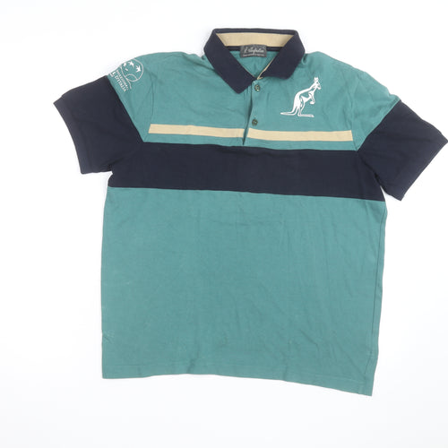 Australian Mens Green Colourblock Polo Shirt L Cotton Short Sleeve