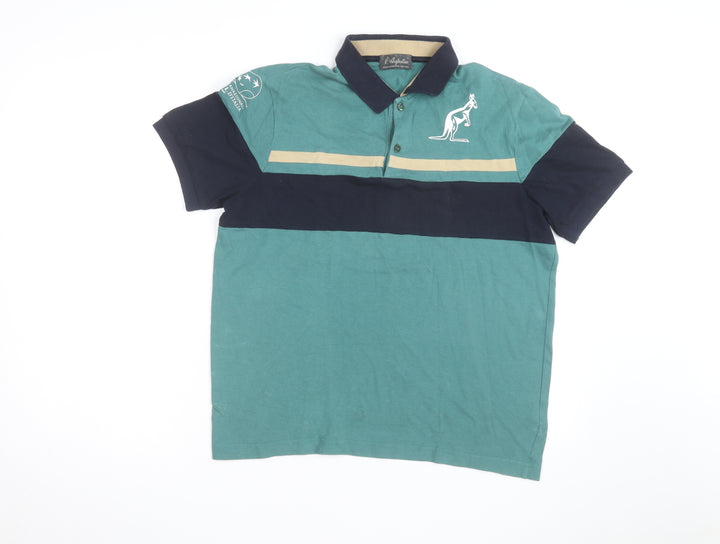 Australian Mens Green Colourblock Polo Shirt L Cotton Short Sleeve