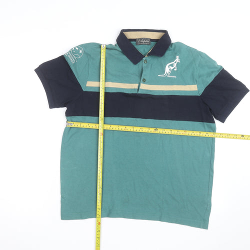 Australian Mens Green Colourblock Polo Shirt L Cotton Short Sleeve