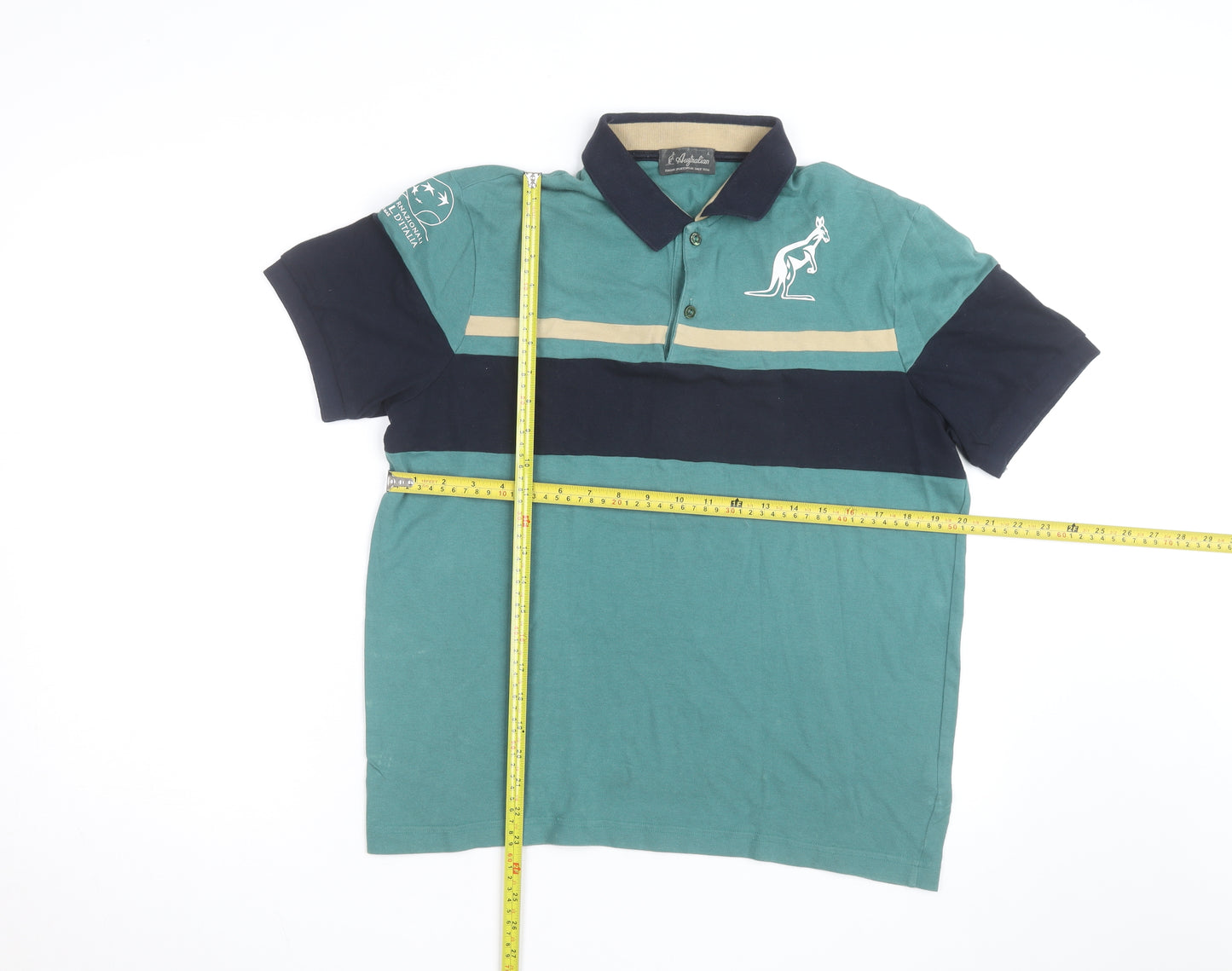 Australian Mens Green Colourblock Polo Shirt L Cotton Short Sleeve