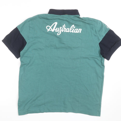 Australian Mens Green Colourblock Polo Shirt L Cotton Short Sleeve