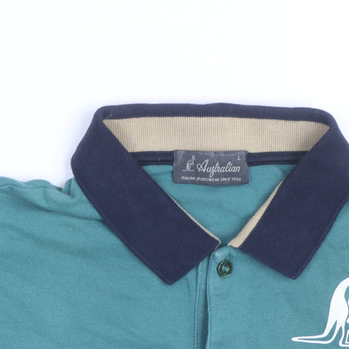 Australian Mens Green Colourblock Polo Shirt L Cotton Short Sleeve