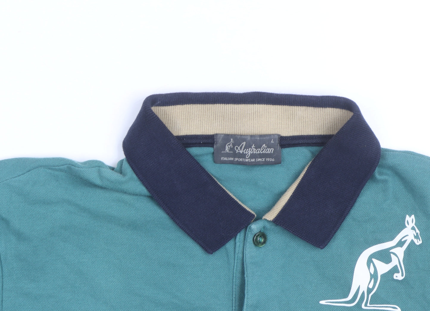 Australian Mens Green Colourblock Polo Shirt L Cotton Short Sleeve