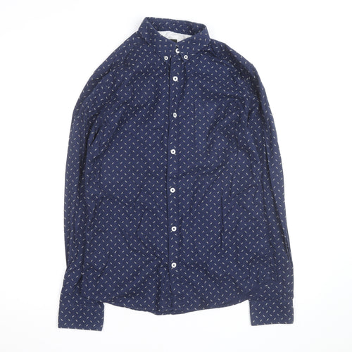 Burton Menswear London Men's Blue Geometric Long Sleeve Button-Up Shirt Size S