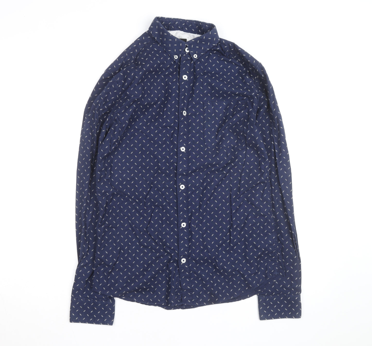 Burton Menswear London Men's Blue Geometric Long Sleeve Button-Up Shirt Size S