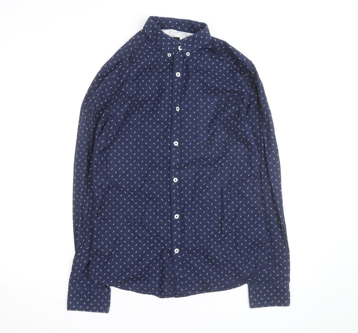 Burton Menswear London Men's Blue Geometric Long Sleeve Button-Up Shirt Size S