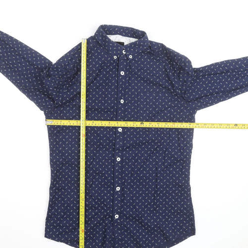 Burton Menswear London Men's Blue Geometric Long Sleeve Button-Up Shirt Size S