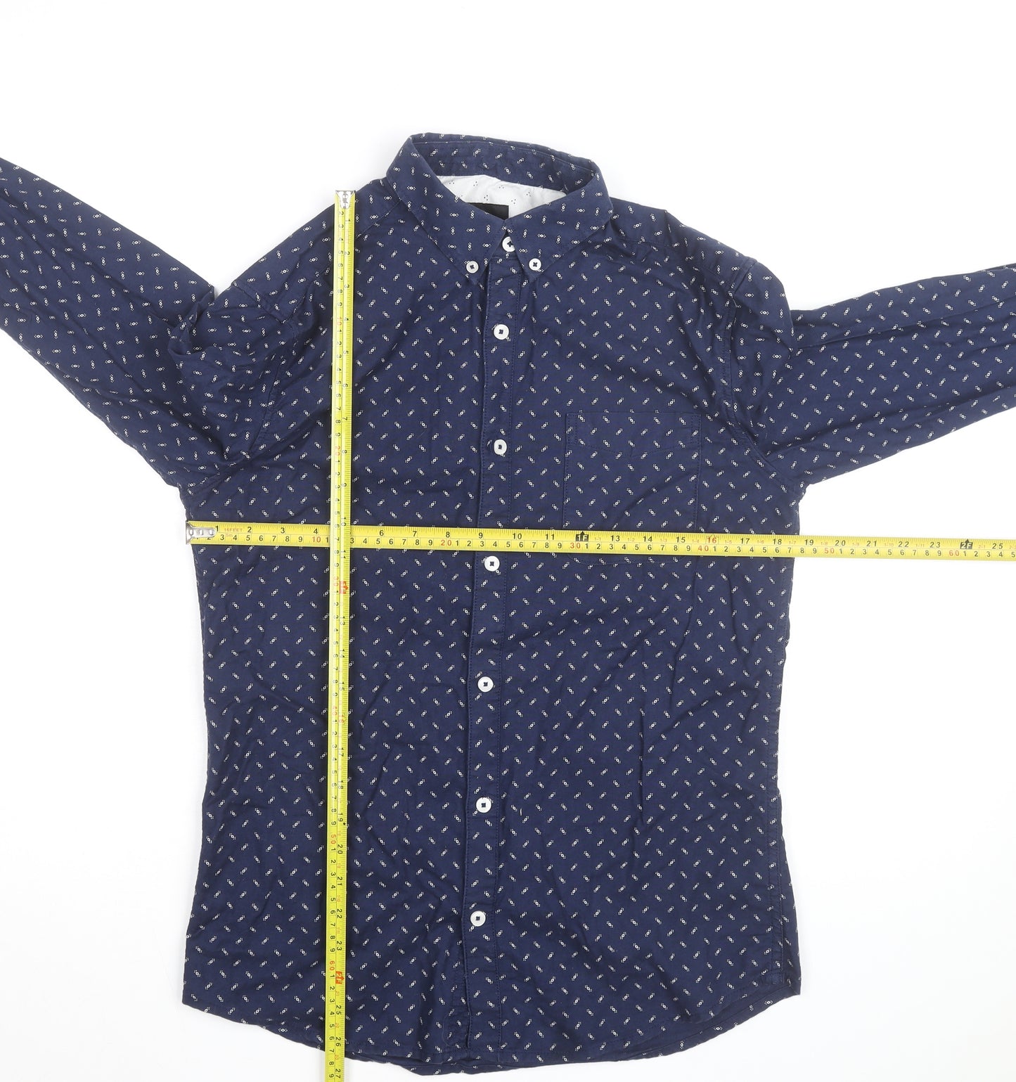 Burton Menswear London Men's Blue Geometric Long Sleeve Button-Up Shirt Size S