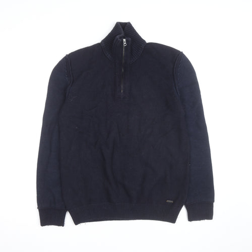 BOSS Hugo Boss Mens Blue Wool Blend Half Zip Jumper Size M
