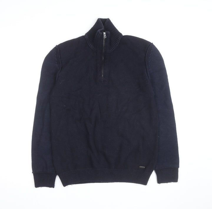 BOSS Hugo Boss Mens Blue Wool Blend Half Zip Jumper Size M