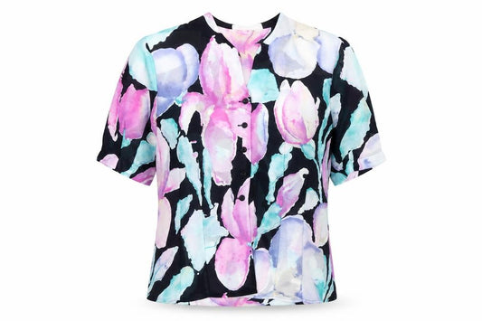 Front view of Jacques Vert women’s multicoloured floral chiffon blouse, size UK 12