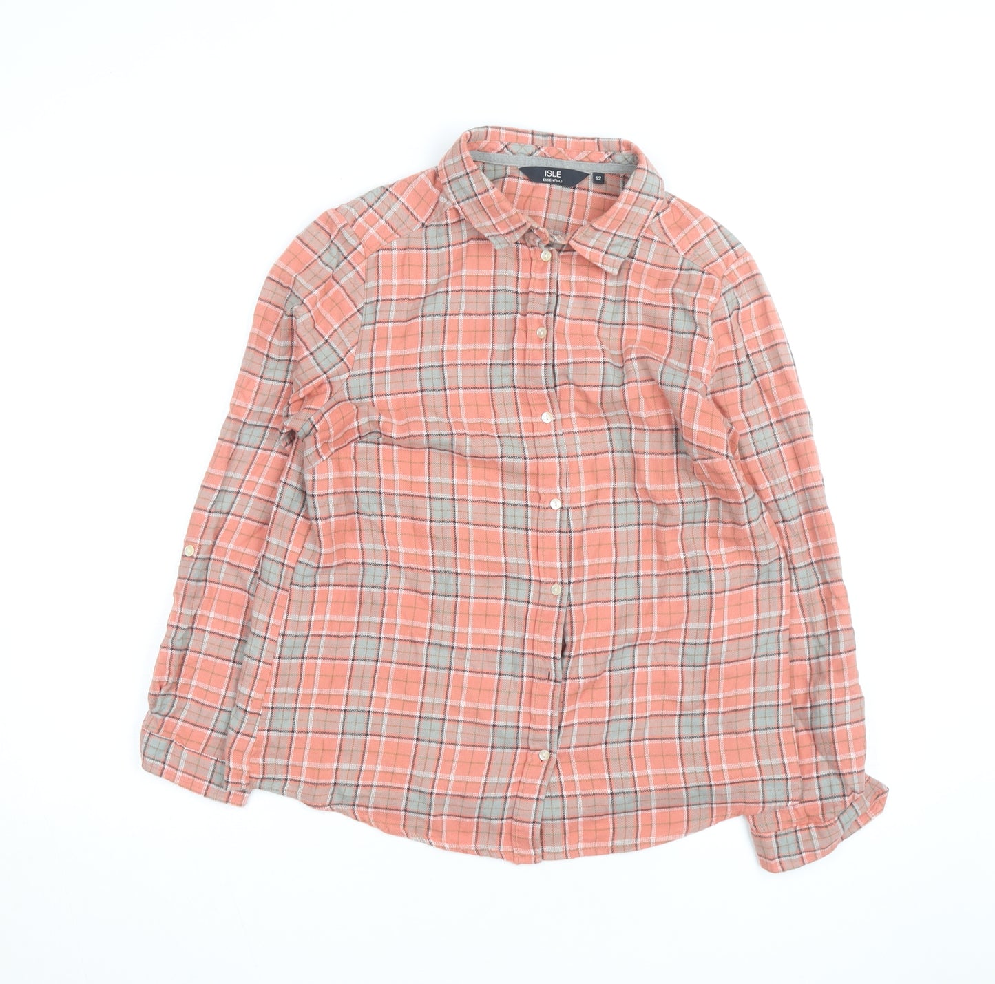 Isle Essentials Women’s Coral Check Button-Up Shirt Size 12 Cotton