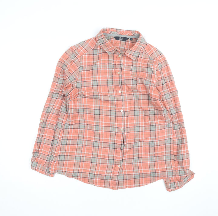 Isle Essentials Women’s Coral Check Button-Up Shirt Size 12 Cotton