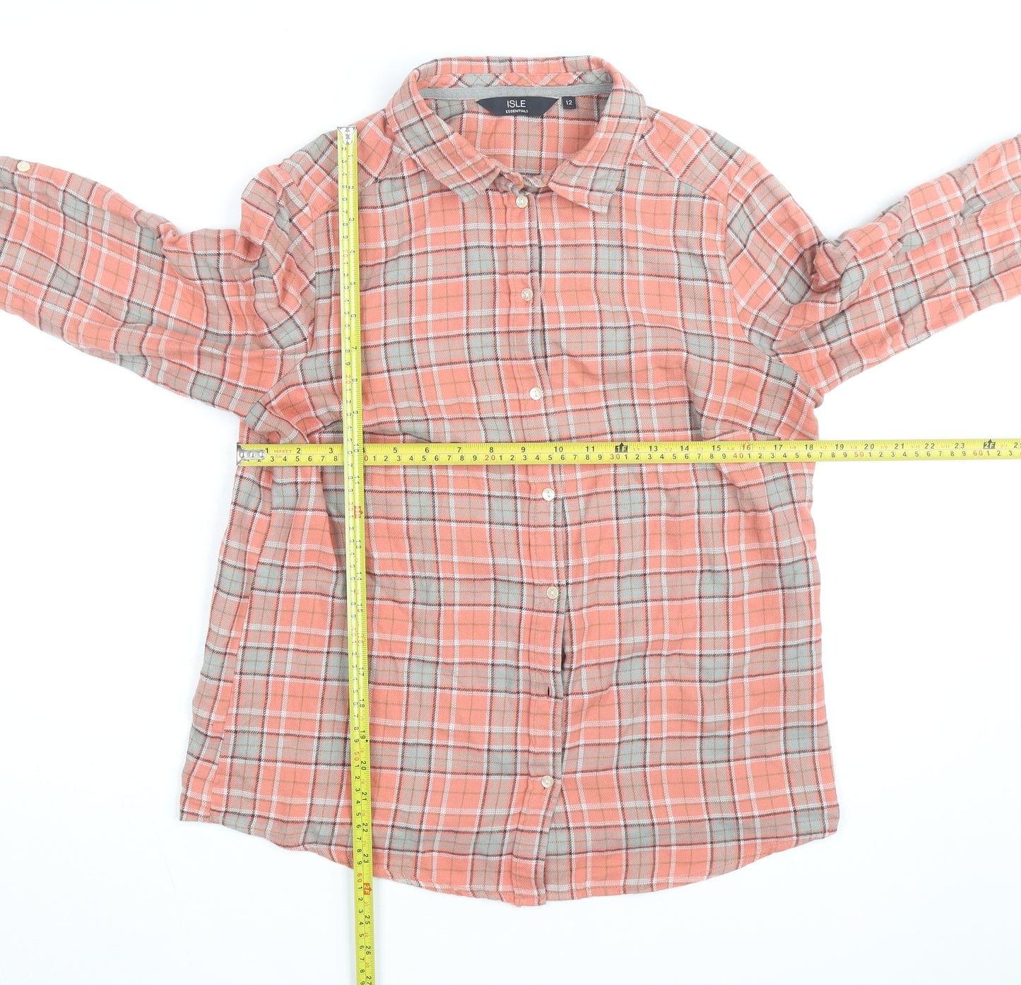 Isle Essentials Women’s Coral Check Button-Up Shirt Size 12 Cotton