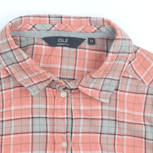 Isle Essentials Women’s Coral Check Button-Up Shirt Size 12 Cotton