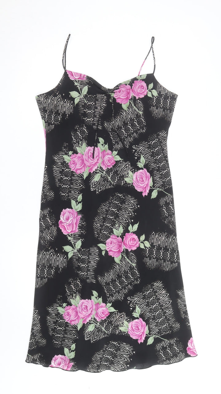Ladies Women Black Floral Slip Dress Size 14 Sleeveless Summer
