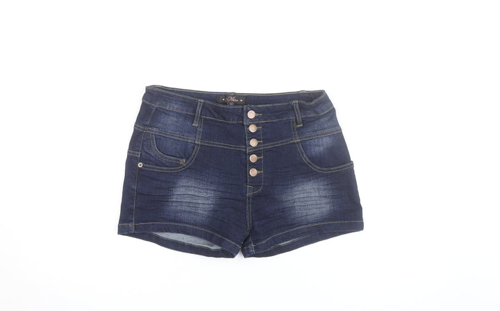 Miso Womens Blue Denim High Rise Button Front Hot Pants Shorts Size 12