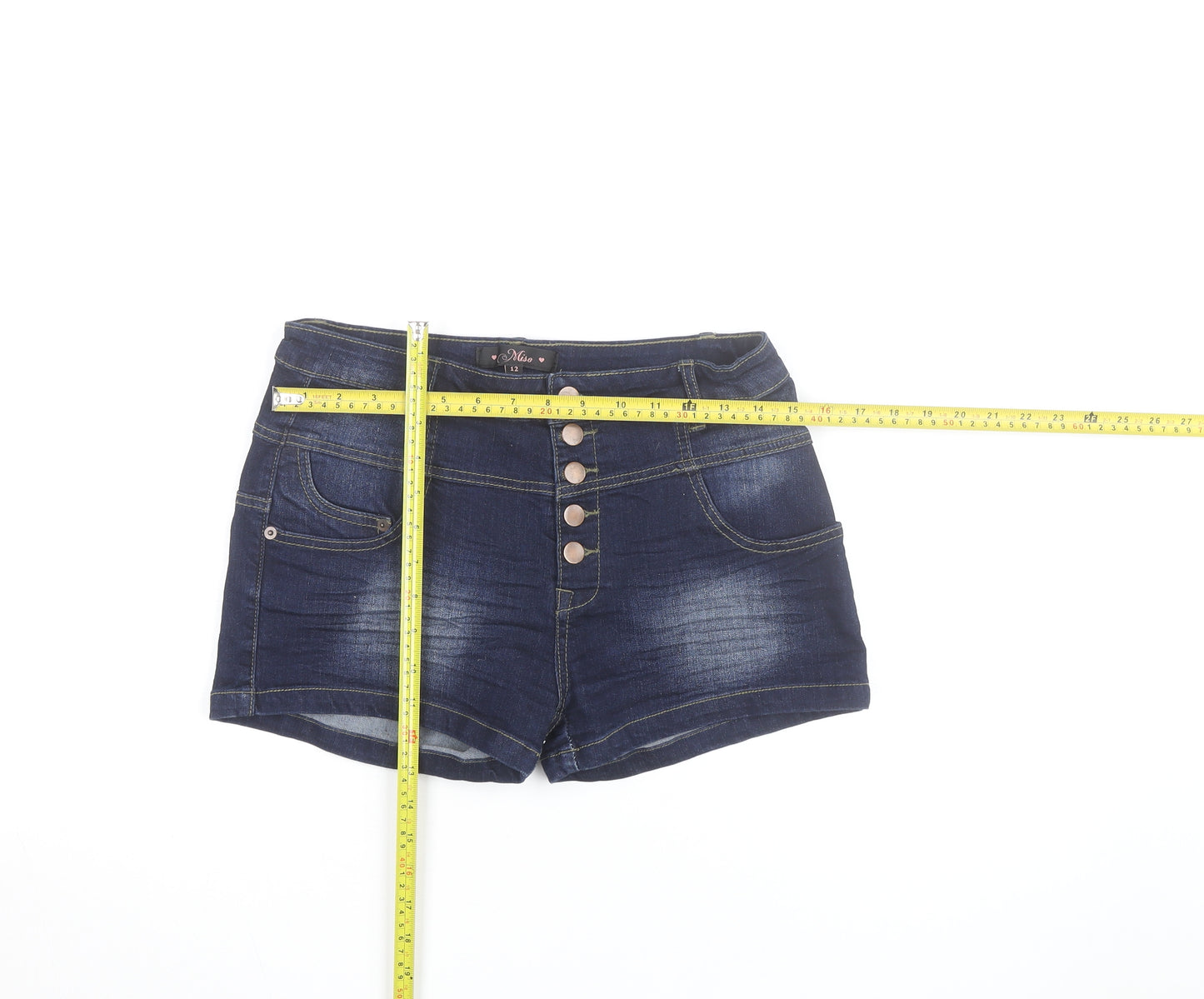 Miso Womens Blue Denim High Rise Button Front Hot Pants Shorts Size 12