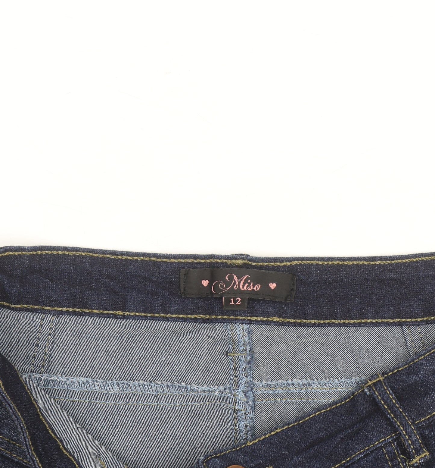 Miso Womens Blue Denim High Rise Button Front Hot Pants Shorts Size 12