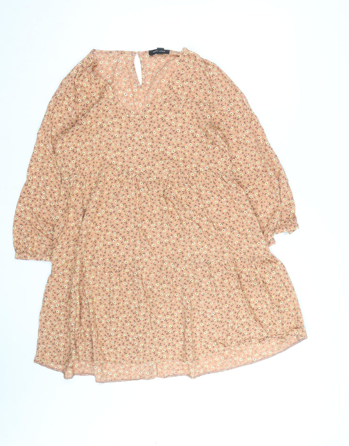 New Look Women’s Beige Floral Knee Length Smocked Dress Size 10