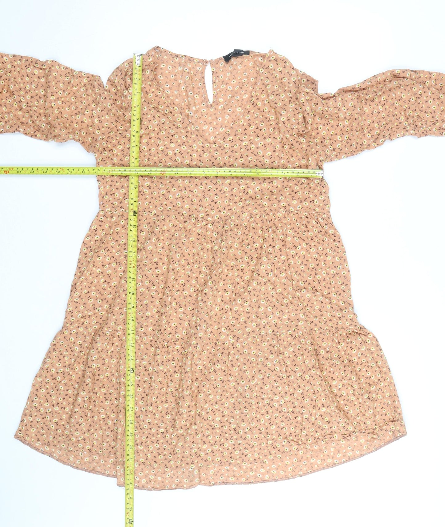 New Look Women’s Beige Floral Knee Length Smocked Dress Size 10