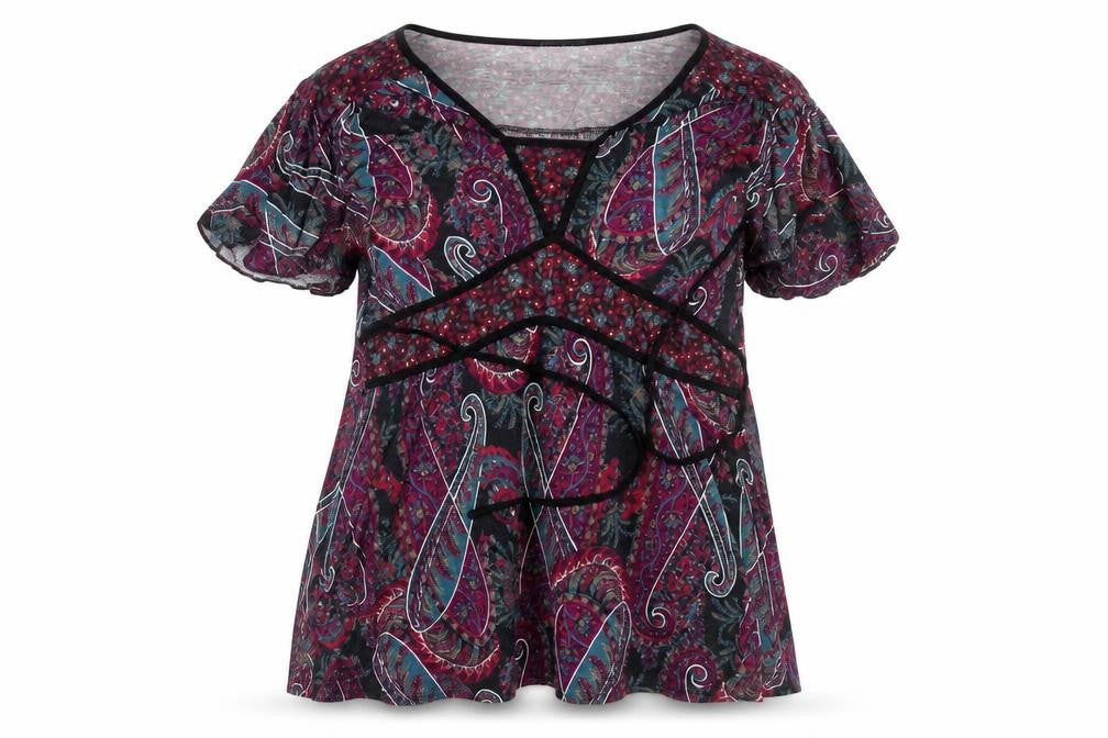 Front view of Essence women’s multicoloured paisley wrap blouse, size UK 18