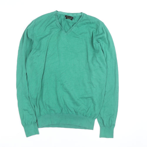 Massimo Dutti Men's Green Cotton V-Neck Jumper Size M