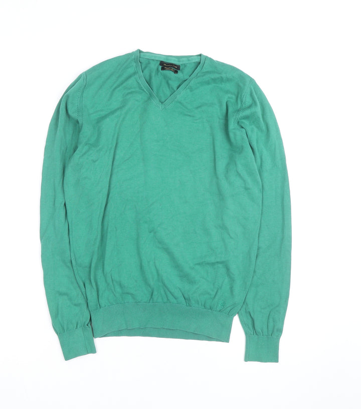 Massimo Dutti Men's Green Cotton V-Neck Jumper Size M