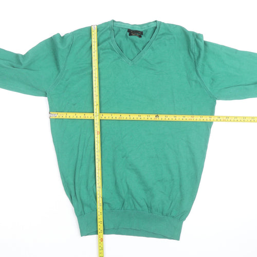 Massimo Dutti Men's Green Cotton V-Neck Jumper Size M