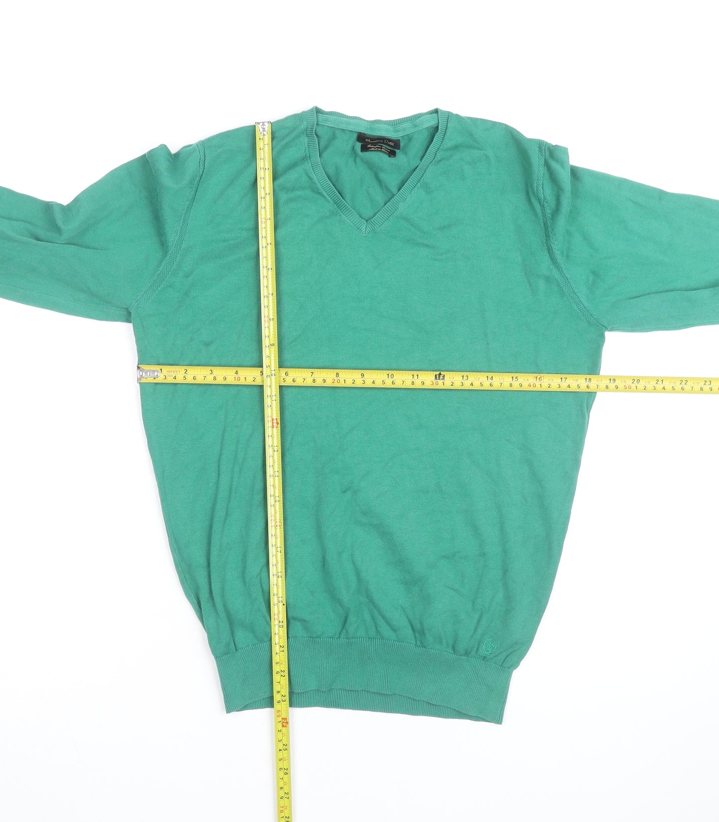 Massimo Dutti Men's Green Cotton V-Neck Jumper Size M