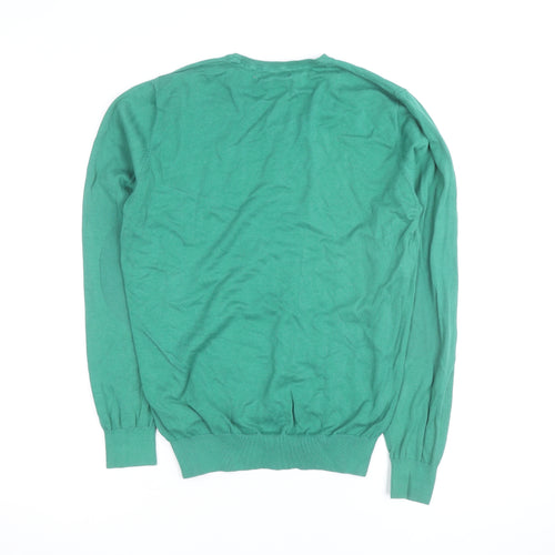 Massimo Dutti Men's Green Cotton V-Neck Jumper Size M